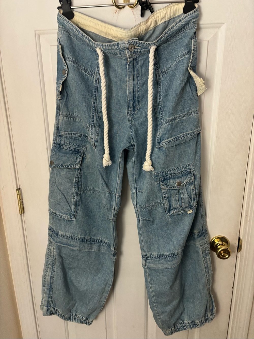 We The Free Light Wash Denim Cargo Joggers with Rope Waist